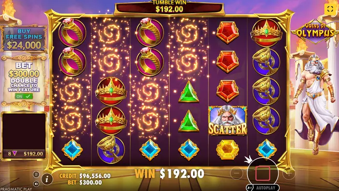 Игровое поле Gates of Olympus с символами и каскадным выигрышем.